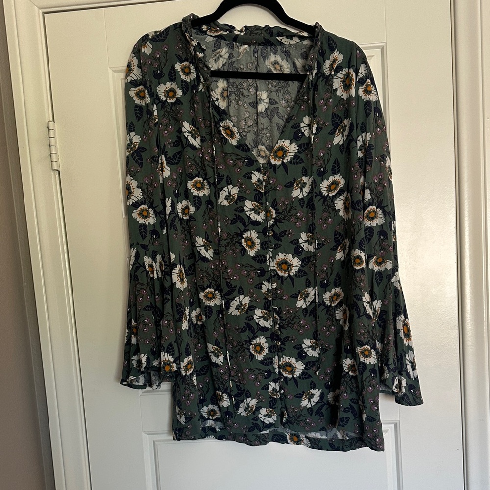 Free People Green Floral Blouse